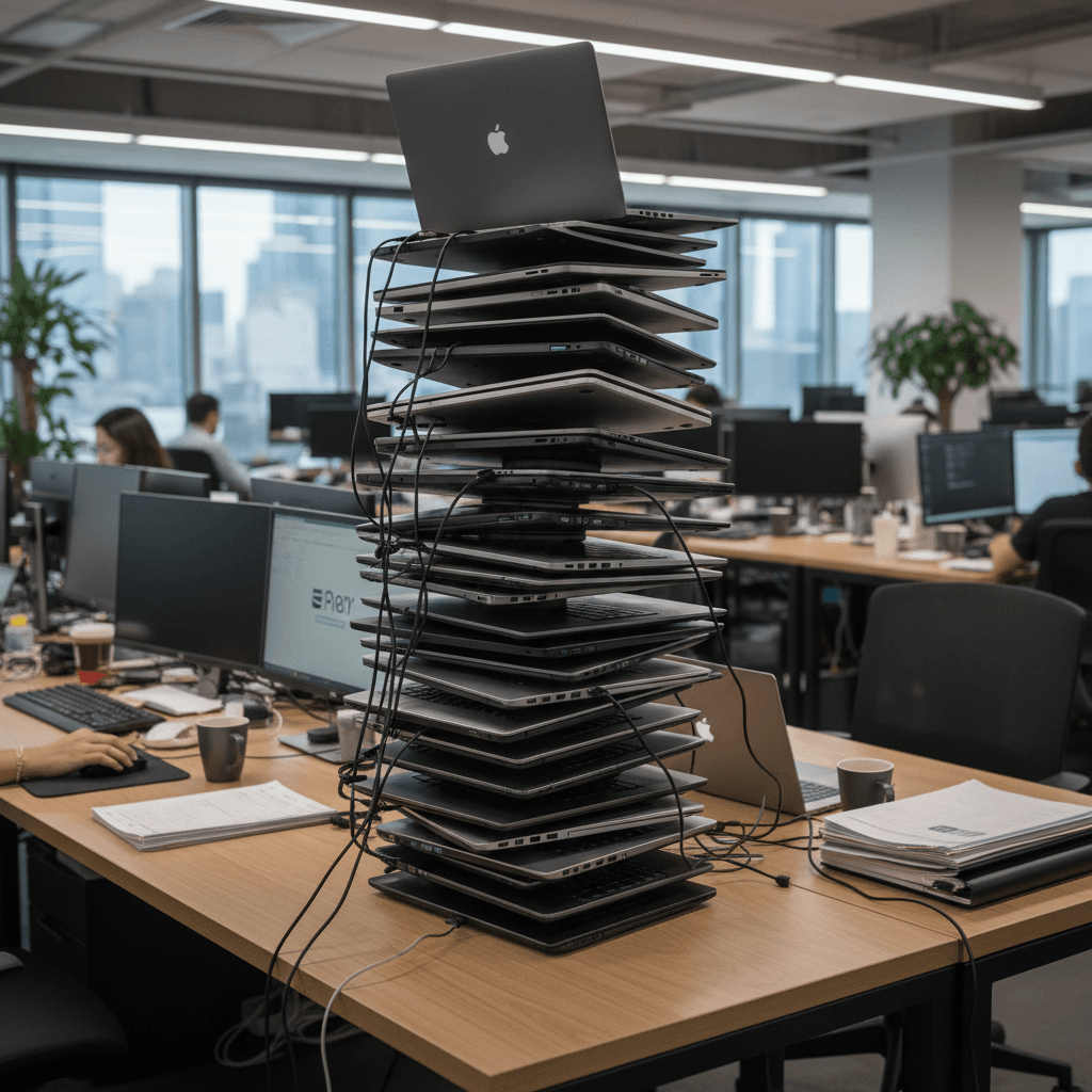 Stack of decommissioned laptops
